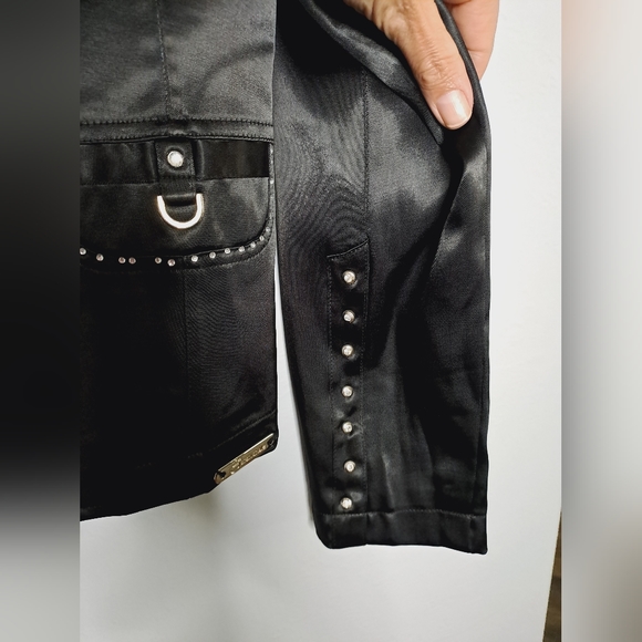 Jacket, black, rhinestones, jewel buttons, three buttons, shiny fabric - Picture 8 of 10